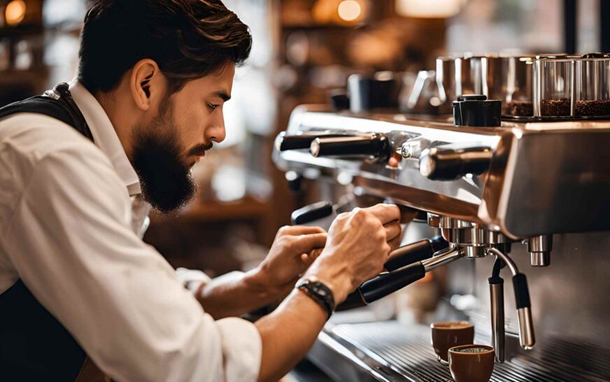 Barista using blooming espresso profile with pre-infusion phase on espresso machine.