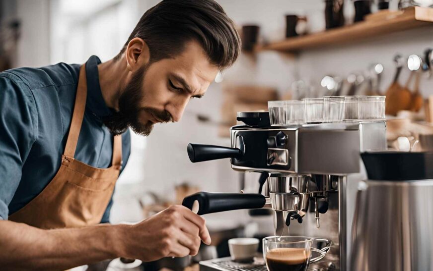 Home barista making common espresso mistakes while brewing coffee.